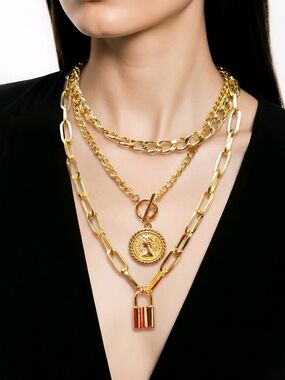 Gold Layered Necklace Set 3pc Coin Toggle PadLock Chunky Paperclip Curb Chains